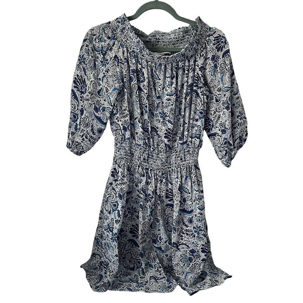 Amour Vert River Off The Shoulder Blue White Paisley Dress Large Silk EUC